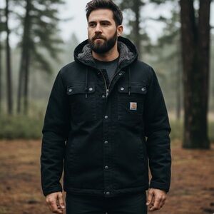 Carhartt Black Sherpa Lined Hooded Canvas Jacket Workwear Gorpcore Mens Medium